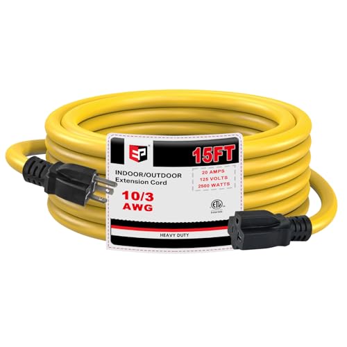 EP 15 Ft 10 Gauge Outdoor Extension Cord with T-Blade Plug Heavy Duty NEMA 5-20 P/R Power Cord 20A 125V 10/3 STW Cable for Lawn Garden Appliance Yellow