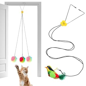 2 Stück Katzenspielzeug Selbstbeschäftigung, Hängende Türrahmen Elastische Vogel mit Quietschgeräusch, Spielzeug für Katzen mit Buntem Plüschball & Glocke, Hängendes Spielzeug für Kitten