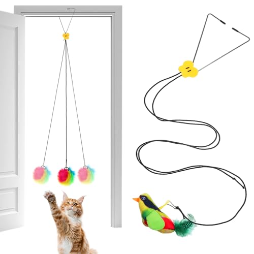 2 Stück Katzenspielzeug Selbstbeschäftigung, Hängende Türrahmen Elastische Vogel mit Quietschgeräusch, Spielzeug für Katzen mit Buntem Plüschball & Glocke, Hängendes Spielzeug für Kitten