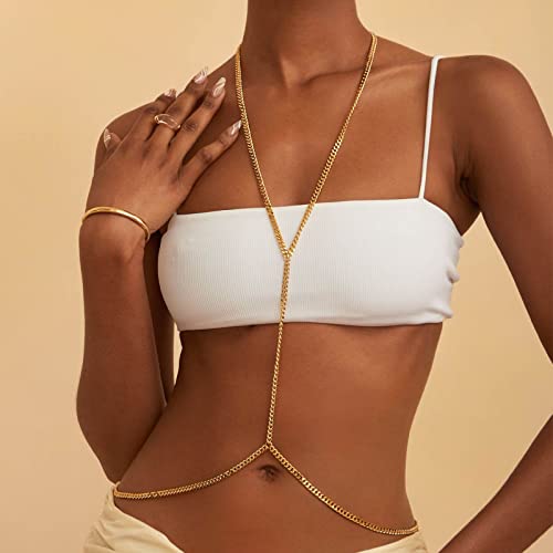Inateannal Cadena de oro para las mujeres de enlace cubano cadena del cuerpo del sujetador Sexy Bikini cuerpo del arnés de la joyería del cuerpo para la fiesta del club nocturno Cover