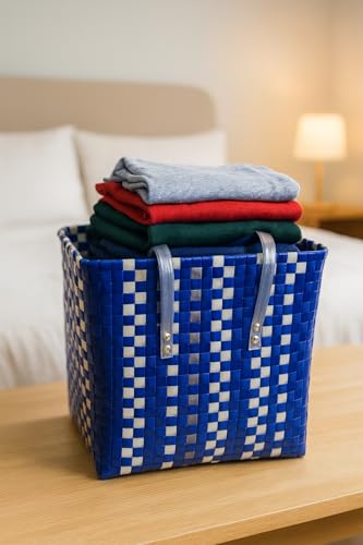 Image of Hand Made Multipurpose Plastic Basket with Lid | Eco-Friendly, Washable, Rust-Free Storage Basket for Kitchen, Picnic, Toys, Travel, Office | Lightweight basket (Blue with Grey, Small)