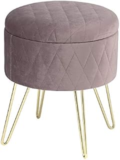 WOLTU Storage Ottoman Chair Stool Pink Upholstered Footstool Velvet Dressing Table Stool Pouf Couch Stool Hairpin Golden Steel Legs Removable Cover, (DiaxH) 31.5x36cm