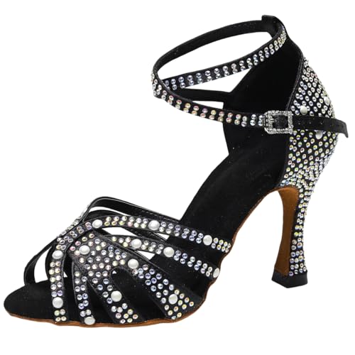 BREXLI Women’s Rhinestone Salsa Latin Dance Shoes Pearl Ballroom Satin Dance Shoe Bachata Practice Dancing Shoes Black US6
