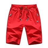 Boy's Casual Shorts Summer Drawstring Elastic Waist Solid Color Side Zipper Pockets Fashion Comfy Shorts,Red,12