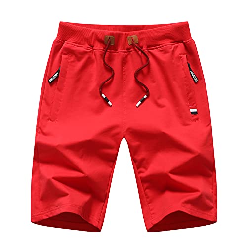 Boy's Casual Shorts Summer Drawstring Elastic Waist Solid Color Side Zipper Pockets Fashion Comfy Shorts,Red,12