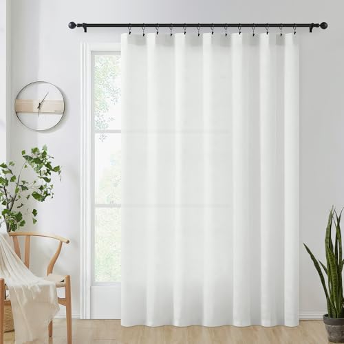 FMFUNCTEX Sliding Door Curtains White Linen Textured Sheer Curtains 84" Living Room 100" Width Extra Wide Patio Glass Door Panel Room Divider Drapes Large Semi Sheer Window Panels Rod Pocket 1 Panel
