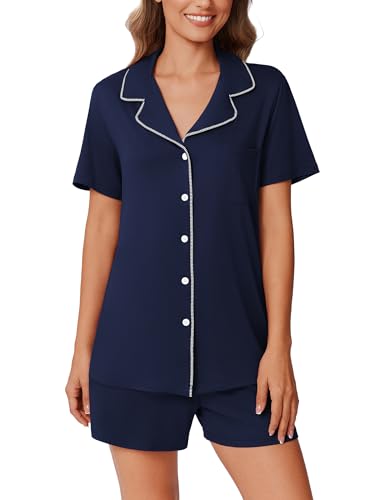 Image of Ekouaer Pajamas Set for Women 2 Piece Pjs Short Sleeve Sleepwear Button Down Lounge Shorts Sets S-XXL