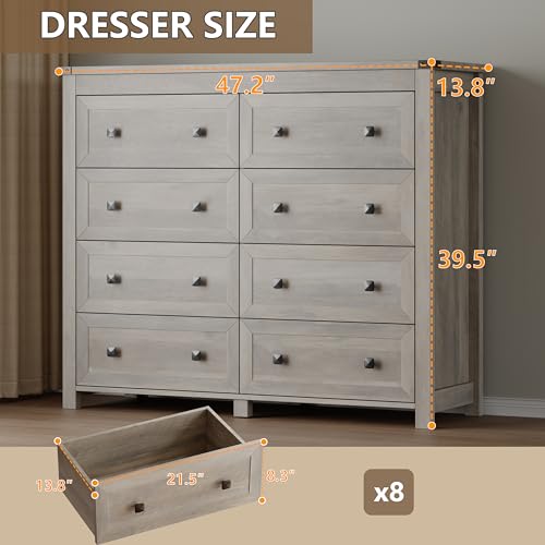 Image of BORNOON Tall 8-Drawer Dresser, Modern Wooden Storage Chest of Drawers, Dresser TV Stand, Wood Drawer Organizer with Metal Handles for Bedroom, Living Room, Hallway