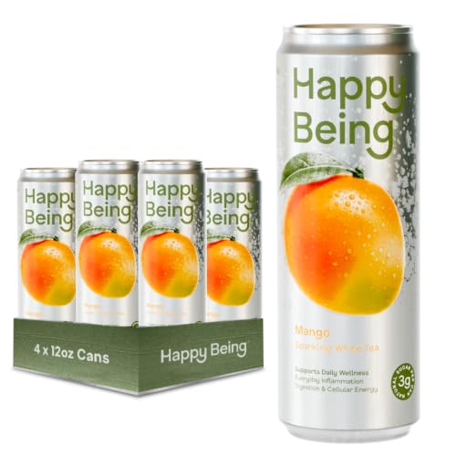 Happy Being Mango Sparkling White Tea, Antioxidant, 12oz 4 Pack