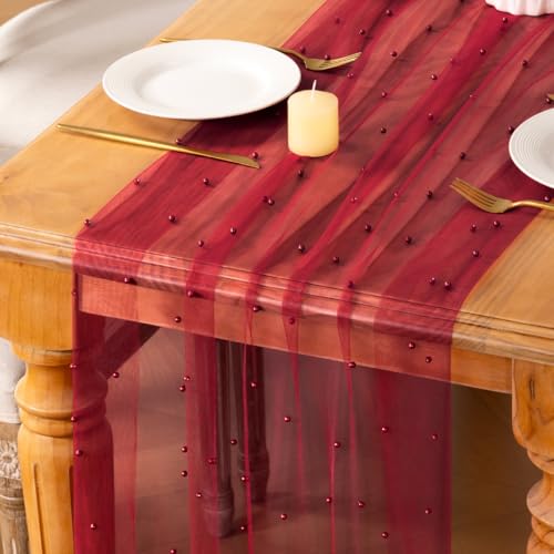 Image of MLMC Red Pearl Table Runner Boho Rustic Tulle Table Runner with Pearls 10ft 29 inchx120 inch Cheesecloth Table Decor for Wedding Bridal Shower Anniversary Home Decoration