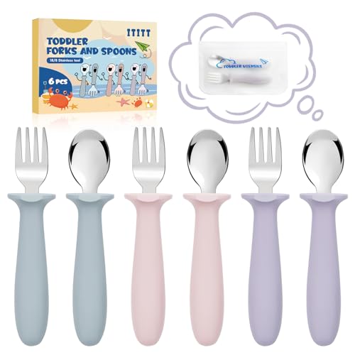 Image of 6 PCS Toddler Utensils Kids Silverware Set with Silicone Handle Children Food Grade 18/8 Stainless Steel Toddler Forks and Spoons Safe Anti-Choke Design Mirror Polished Sturdy Durable Dishwasher Safe