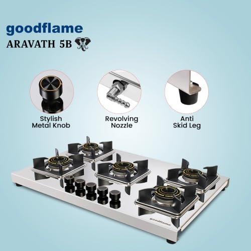 Image of goodflame Aravath 5 Burner Stainless Steel Gas Stove for Kitchen | Heavy 2MM SS Body | Brass Burners | 2 Year Warranty | ISI Certified | Manual Ignition | LPG Ready and PNG Compatible, (Silver)