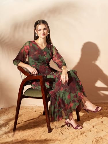 Image of Miss Chase Women's Multicolored Black Floral V-Neck 3 /4 Sleeve Wrap Chiffon Midi Dress