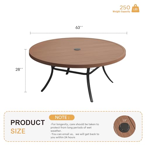 Image of VICLLAX 63 inch Outdoor Round Patio Table with Umbrella Hole, All Weather Metal Round Outdoor Dining Table for Lawn Garden, 8-10 Person Table, Walnut Wood-Grain Tabletop