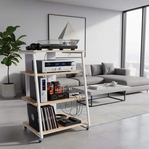 Miniatura 3 de Relaxdays Techo Para Tocadiscos Y Estéreo, 4 Niveles, Metal Mdf, 78x61x52 Cm, Natural Blanco
