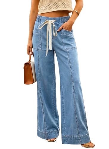SHEWIN Wide Leg Drawstring Baggy Womens Jeans Elastic Waist Summer Pants High Waisted Stretchy Boyfriend Jeans for Women 2026 Casual Loose Denim Pants with Pockets Blue Size 12