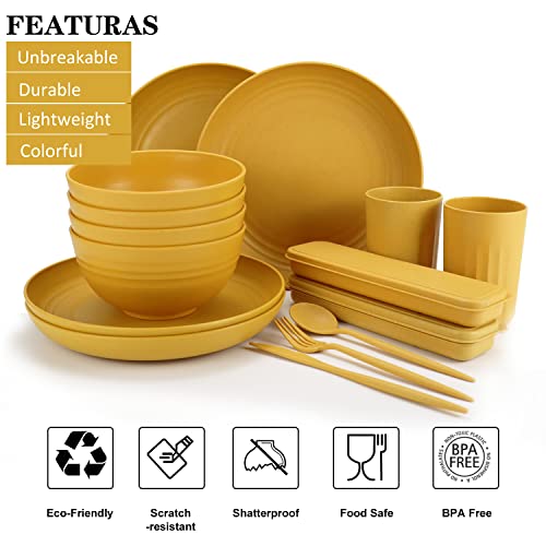 Pyrmont Wheat Straw Dinnerware Sets, Microwave & Dishwasher Safe Unbreakable Dinnerware Set, Reusable Dishware Sets, Lightweight Camping Dishes, Plates, Cups, Cereal Bowls For 4(Yellow Orange) #TOP2
