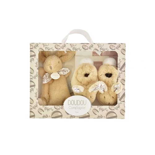 DOUDOU ET COMPAGNIE - Coffret Naissance Lapin Doudou Beige avec Chaussons Bébé Coordonnés – Peluche Doudou Douce dès la Naissance – Boîte Cadeau pour...