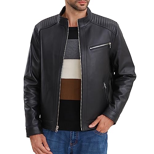 Leather Jacket Men,Lambskin Motorcycle Jacket, Black, Quilted Shoulders, Full Zip Front with Multiple Pockets2