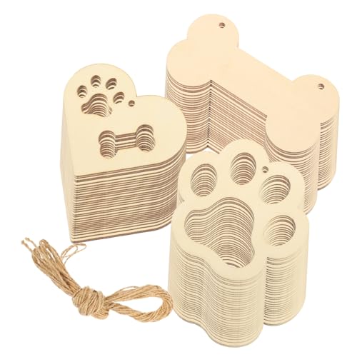 SAFIGLE Dog Paw and Claw Shaped Wooden Cutouts 34pcs DIY Tags with Smooth Surface and Large Bone Designs, Comes with Hemp Rope for Creative Home Crafts and Boys and Girls Coloring