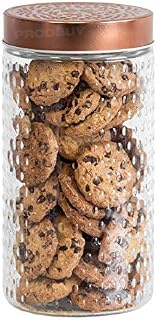 1.5L Large Embossed Glass Storage Jar with Screw on Airtight Copper Coloured Lid Canister - Suitable for Biscuits, Pasta, Flour, Rice etc. (3)