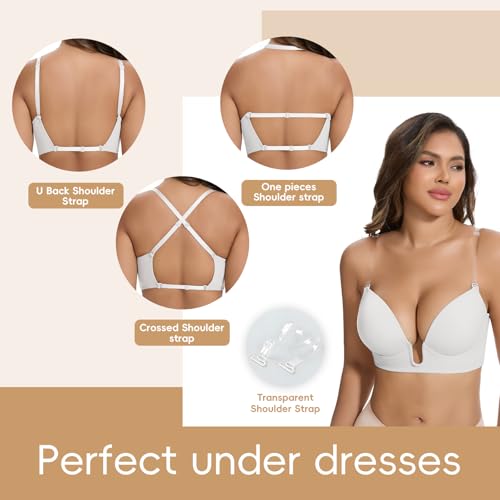 Image of JOYSHAPER Plunge Bras for Women Backless Push Up Bras Low Cut Padded Bras Shaper Convertible with Clear Straps Dress Bra