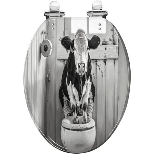 WHFEOIV9RE Elongated Toilet Seat Cow Illustration Sitting Toilet Resin Toilet Seat Quietly Slow Close with Quick-Release Hinges Toilet Seat with Cover Easy to Clean Install