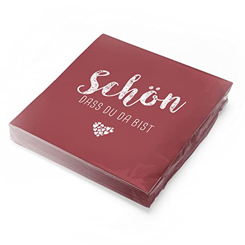 itenga Servietten Schön dass du da bist 30 x 30cm 3-lagig 20 Stück für Kommunion Konfirmation Hochzeit Taufe und andere Feiern (bordeaux rot)