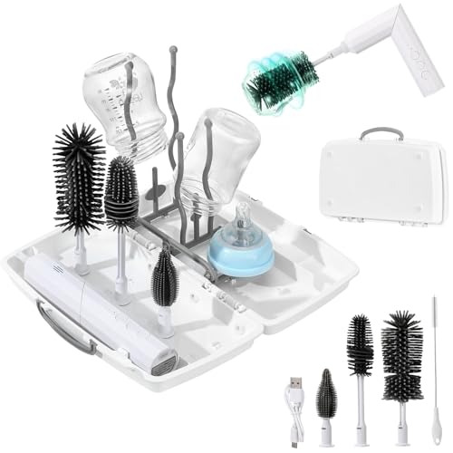 Image of Zooawa Baby Bottle Brush Cleaner,7-in-1 Travel kit with Rechargeable 90°Folding Elctric Bottle Cleaner & Drainage Box,Food-Grade Silicone,Long Battery Life,Nipple Brush,Straw Brush, Black + White