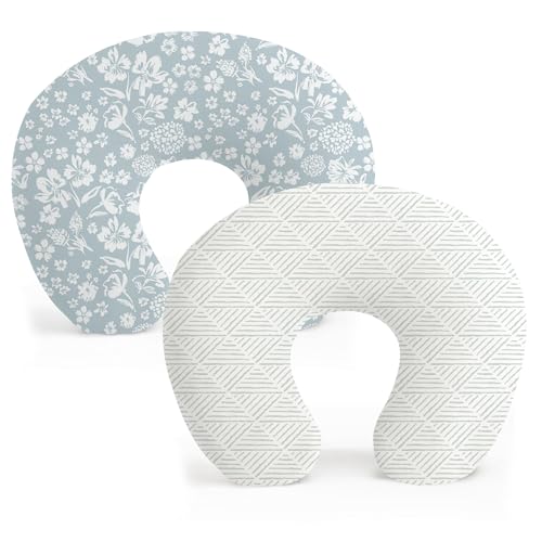 Image of Konssy 2 Pack Nursing Pillow Covers, Stretchy and Soft Nursing Cover for Breastfeeding, Pillow Slipcover for Baby Girls Boys Newborn (Green Bloom, Green Geometry)
