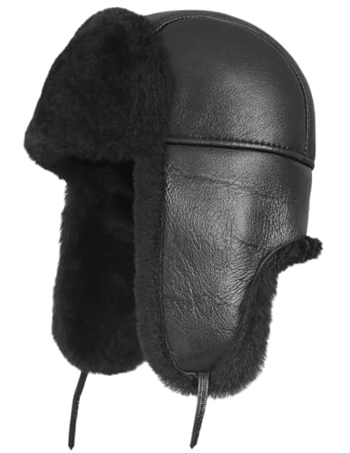 Image of Leather Aviator Shearling Ushanka Trapper Hat Russian Sheepskin Cap Real Fur Winter Hat with Ear Flaps for Men Women