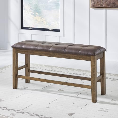Image of Signature Design by Ashley Vallister Contemporary Tufted Faux Leather Upholstered Counter Height Dining Bench with Burnished Edges, Light Brown