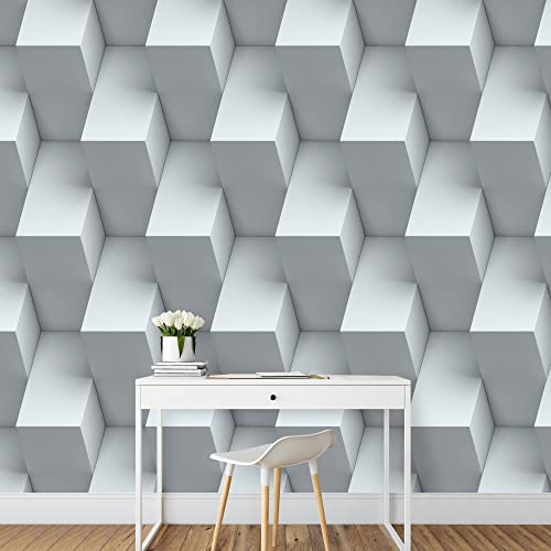 Signford Removable Wall Sticker/Wall Mural Geometric White Cube Square Polygon Pattern Abstract Shapes Digital Art Minimalism Decorative Bohemian Relax/Calm For Living Room, Bedroom, Office - 66"X96" #TOP2