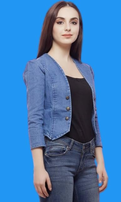 Image of Wingzss Women's Denim Jacket, Blue, Button Front, 3 /4 Sleeves, Casual Blazer Style (in, Alpha, XL)