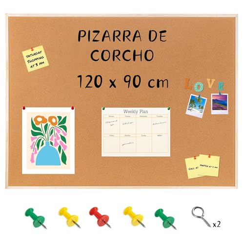 Creative Home 120 x 90 cm (+/- 3 cm) XXL Grande Tablero de Corcho Pizarra | Para Anuncios con Marco Grueso de Madera de Pino Pared | Hecho en UE | Perfecto Para Oficina, Colegio, Dormitorio y Hogar