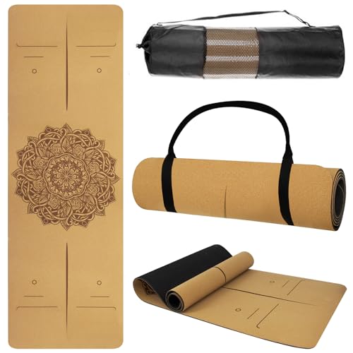 LINKLIFE Cork Yoga Mat 5mm (1/5 inch) Thick 72 x 24 inches, Shock Absorbing, Sweat Proof, Lightweight TPE Foam with Alignment Lines, Great for Hot Yoga, Pilates, Gym and Workouts