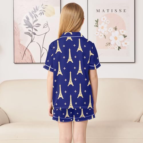 Eiffel Tower Pattern Pajamas Sets Short Sleeve Silk Stain Pjs Button Down Sleepwear for 5-14Y4