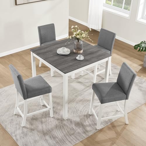 Image of KEIKI 5-Piece Counter Height Dining Table Set with Square Table and 4 Upholstered Curved Backrset Chair, for 4 Person, Modern Wooden Table Set, Easy Assembly, for Kitchen, Dining Room, White+Gray