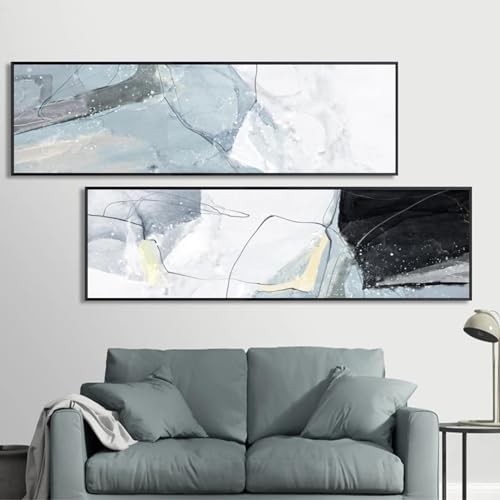 Peintures sur toile abstraites KEBIA bleu marbre pour salon et chambre 30x90cm x2
