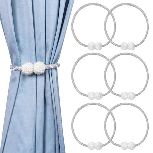 HFZRZFH 6 Pcs Magnetic Curtain Tiebacks with Pearl Decoration, Convenient Grey Drape Holdbacks for Easy Window?Best for Home and Office Decor