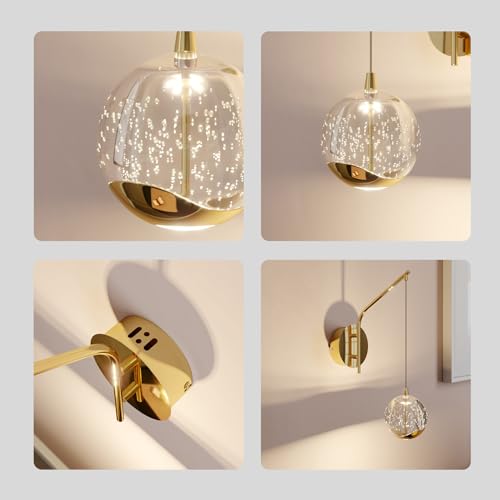 Image of 13 inch Gold Hanging Wall Sconce Vintage, Integrated LED Bubble Glass Globe, Modern Art Deco Hanging Wall Light for Bedroom, Living Room and Bathroom, 3000K Warm White, Hardwired