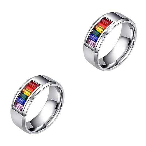 WHZHDMA 2 Pcs Flag Vday Gay Pride Colorful Inlaid Rhinestone Mens Engagement Rings Memorial Jewelry Chic Finger Accessory Rainbo