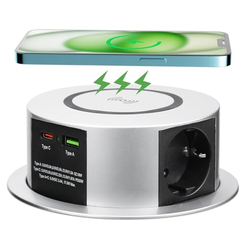 Versenkbare Steckdose USB C PD20W, 3 Fach Einbausteckdose Schreibtisch mit 10W Kabellose Ladegerät, Tischsteckdose Versenkbar für Küche und Büro, Einbausteckdose mit USB, 1,8M Kable, 3680W/16A