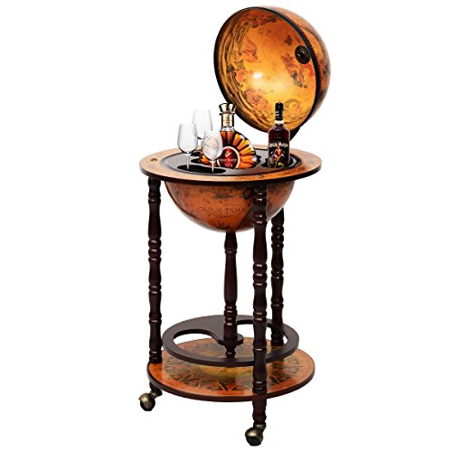 TANGZON 330MM/360MM Globe Drinks Cabinet Movable Whisky Wine Spirits Bar Cabinet with Tabletop Bottom Shelf & Wheels Wine Container Minibar Storage Wooden Cart (No Top 360MM Globe 47 x 47 x 90cm)