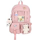 youcoscos Kawaii Backpack with Bear Plush Kawaii Pin Accessories Cute Aesthetic Bookbag School Bags for Girls Teen (Cute, Pink)