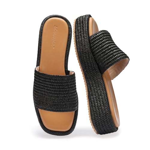 Image of Monrovia Platform Sandals Women Raffia Espadrille Slides, Woven Straw Flatform Beach Sandals Women, Slip On Summer Vacation Shoes, Comfortable Casual Daily Wear