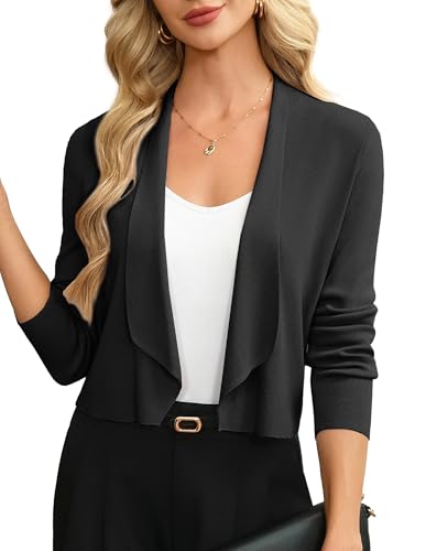 GRACE KARIN Women Sweater Blazer Lightweight Cropped Cardigan Dressy Long Sleeve Shrug Knit Blazer Business Casual S Black