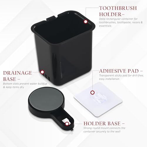 Image of Wall-Mounted Tooth Brush Holder Bathroom - Self-Adhesive Bathroom Organiser Without Drill for Toothbrushes, Toothpaste and Makeup Brushes - Plastic Brush Holder for Bathroom (3, Black)
