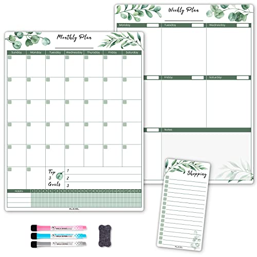 Alezel Magnetic Calendar For Refrigerator, Greenery Dry Erase Fridge Calendar Set (3 Boards) - Monthly & Weekly Planner Whiteboard, Shopping List White Board, 3 Markers + Eraser #TOP6