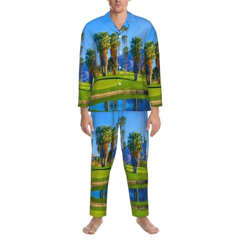 Pyjama homme imprimé golf et palmier noir XXL avec haut manches longues et pantalon doux